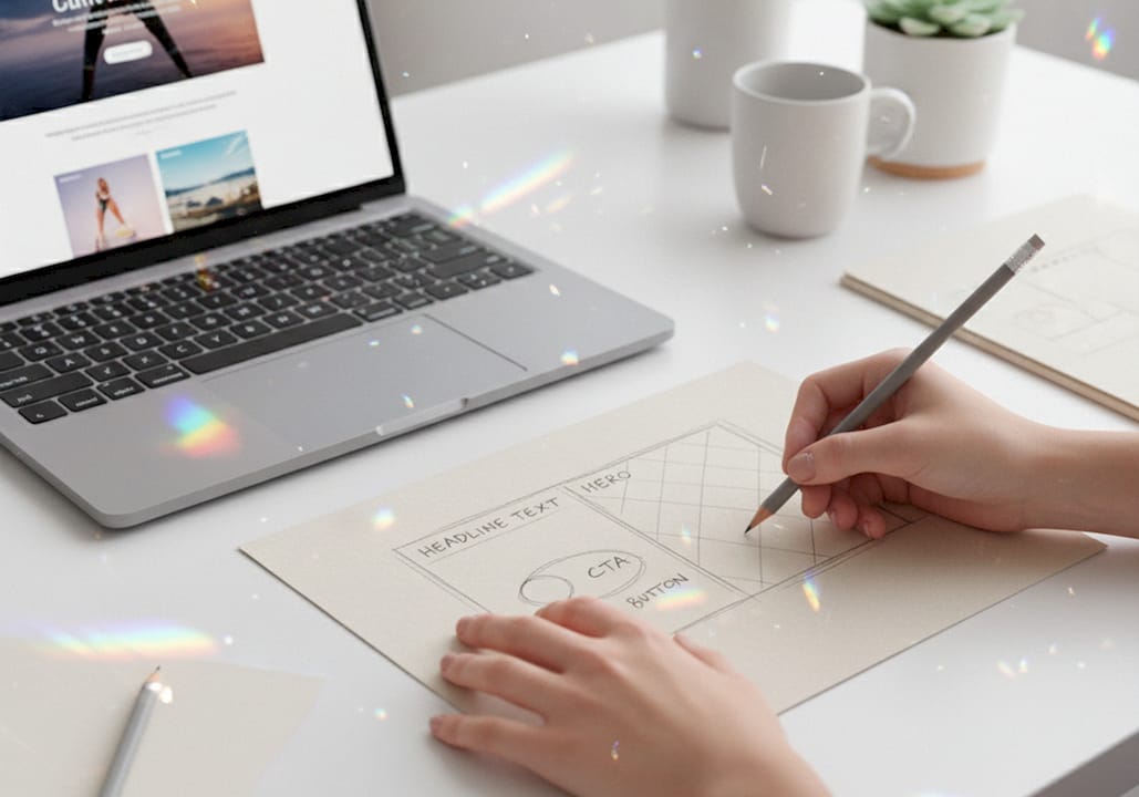 Designer reviewing hero section sketches in office