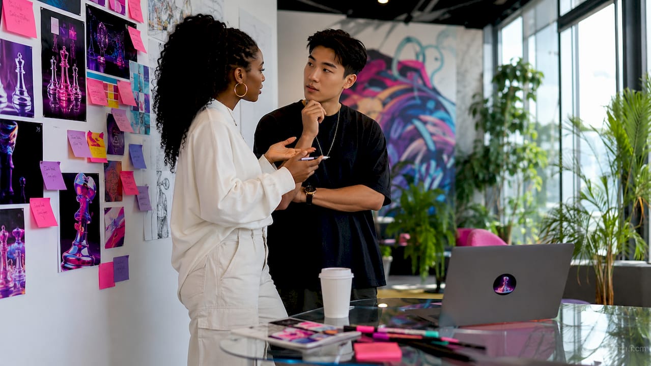 Co-founders discussing brand identity ideas
