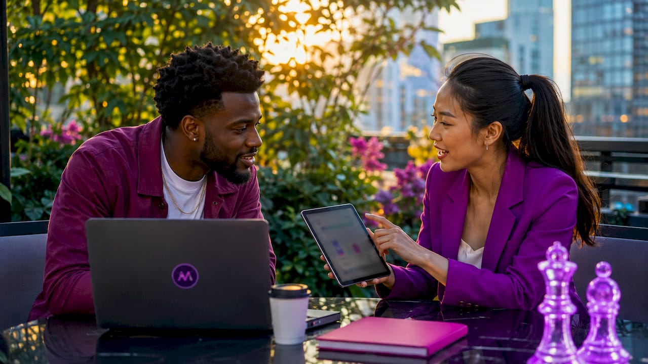 Entrepreneurs discussing social proof on tablet