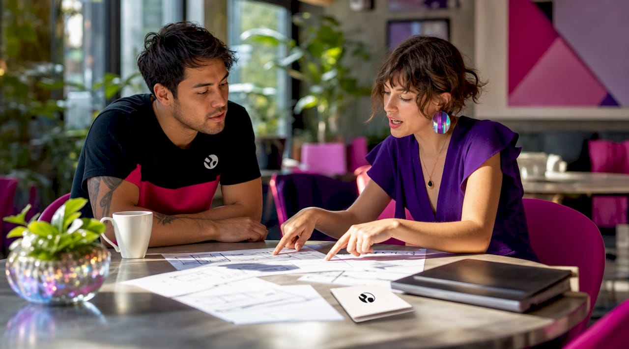 Hands pointing at wireframes during UX research
