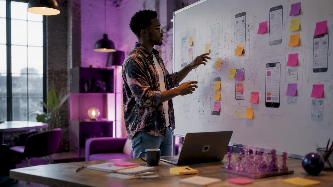 Hands pointing at low-fidelity prototypes on corkboard