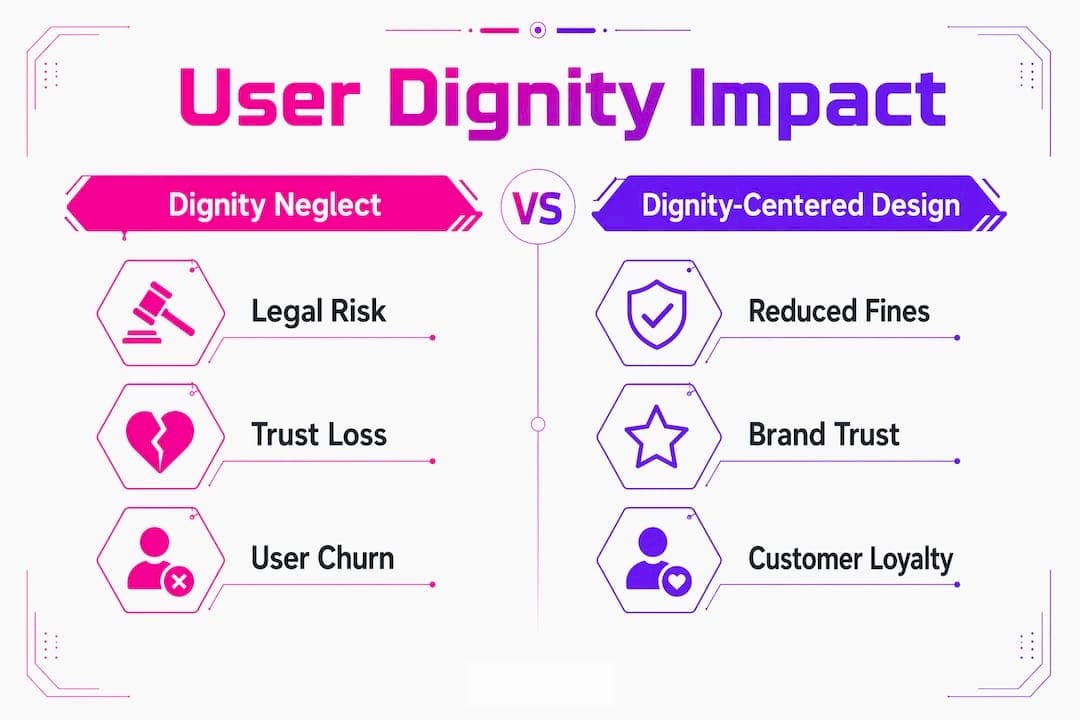 Infographic comparing dignity neglect and dignity-centered outcomes