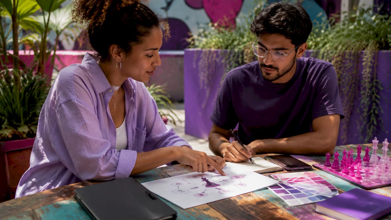Hands pointing at brand identity checklist documents
