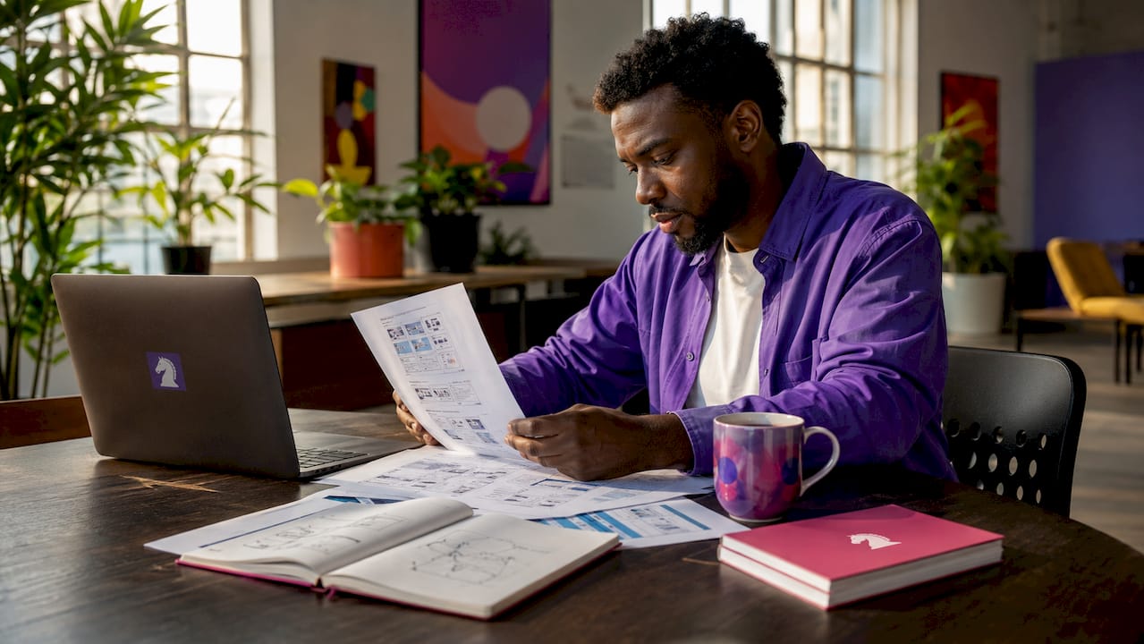 Designer reviewing SEO wireframes at desk