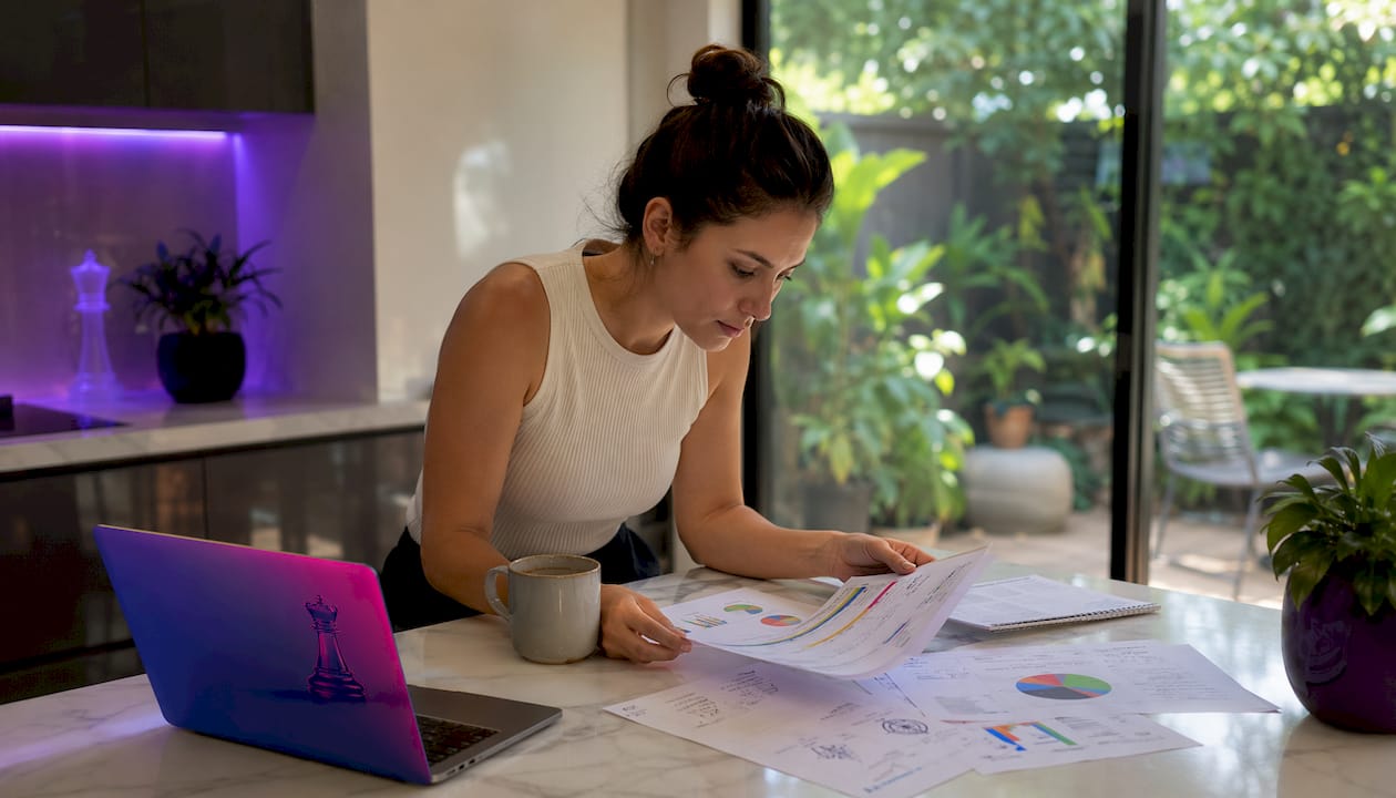 Woman reviewing website performance reports at desk