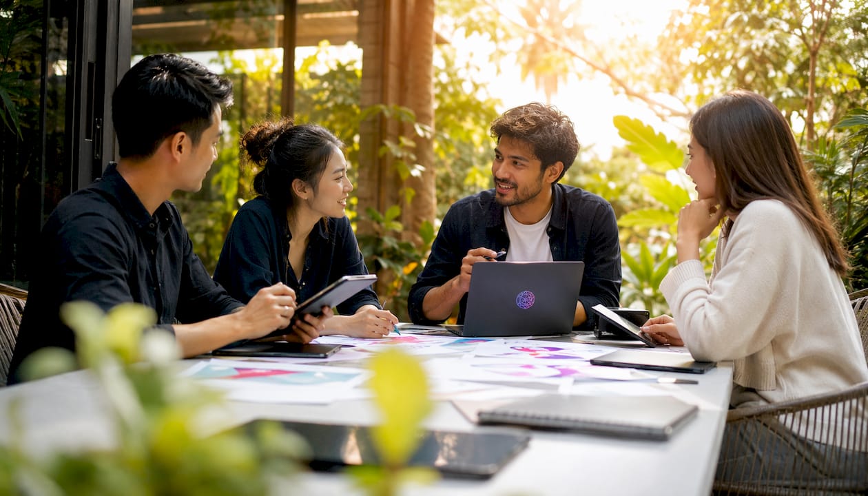 Startup team collaborating on design ideas