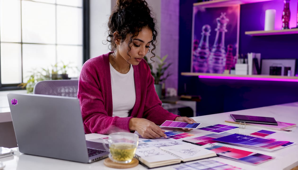 Startup founder arranging brand design materials at desk