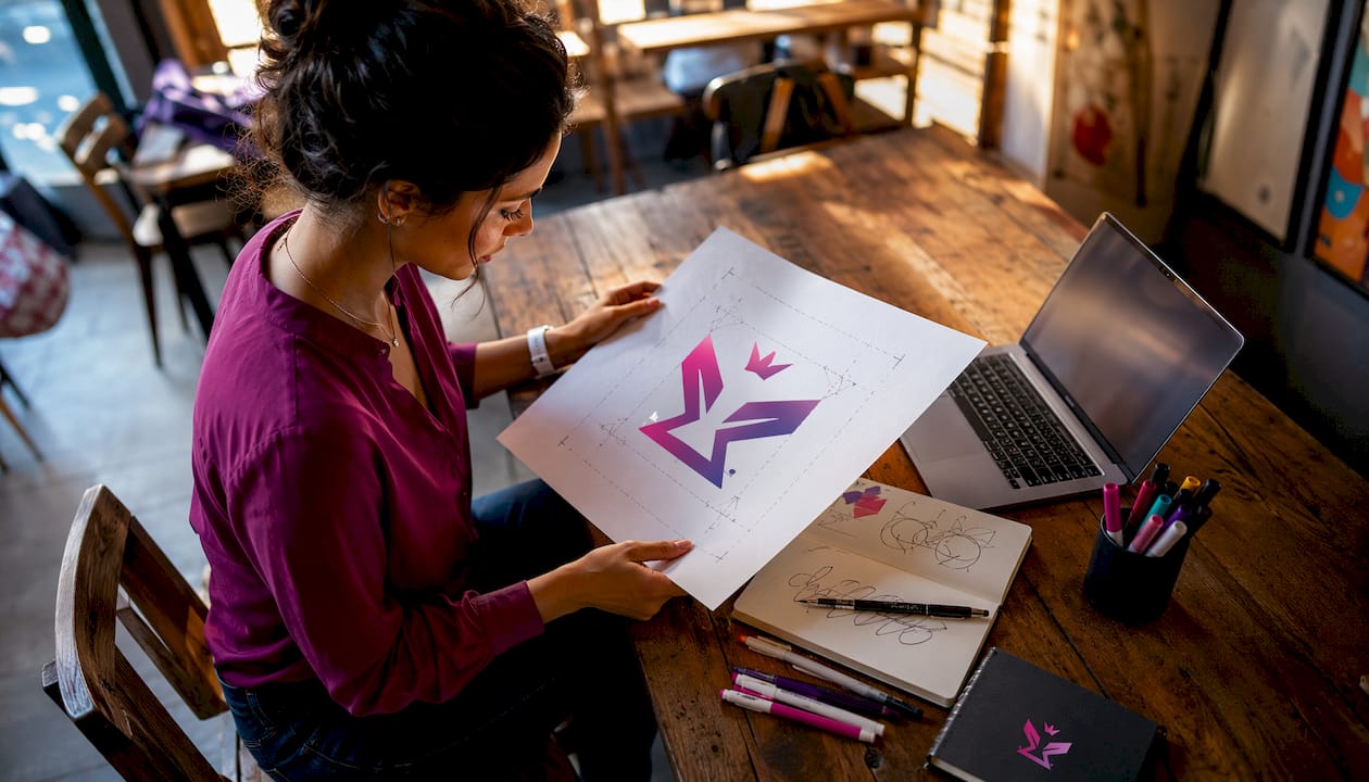 Designer examining logo spacing printout