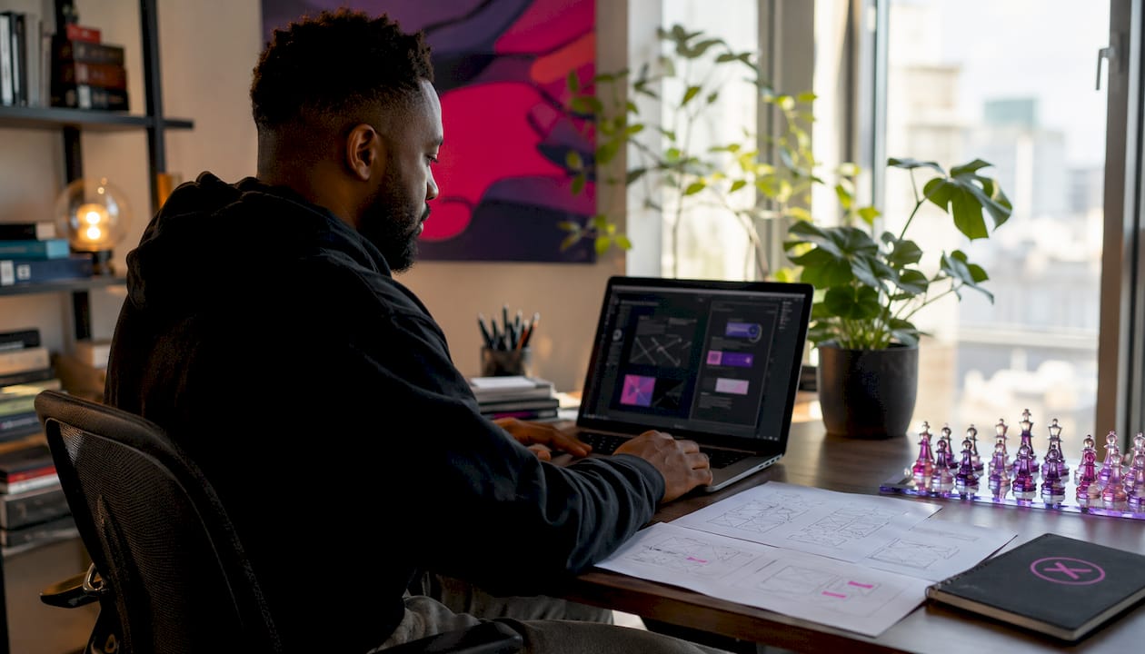 Hands typing with wireframe sketches for responsive layouts
