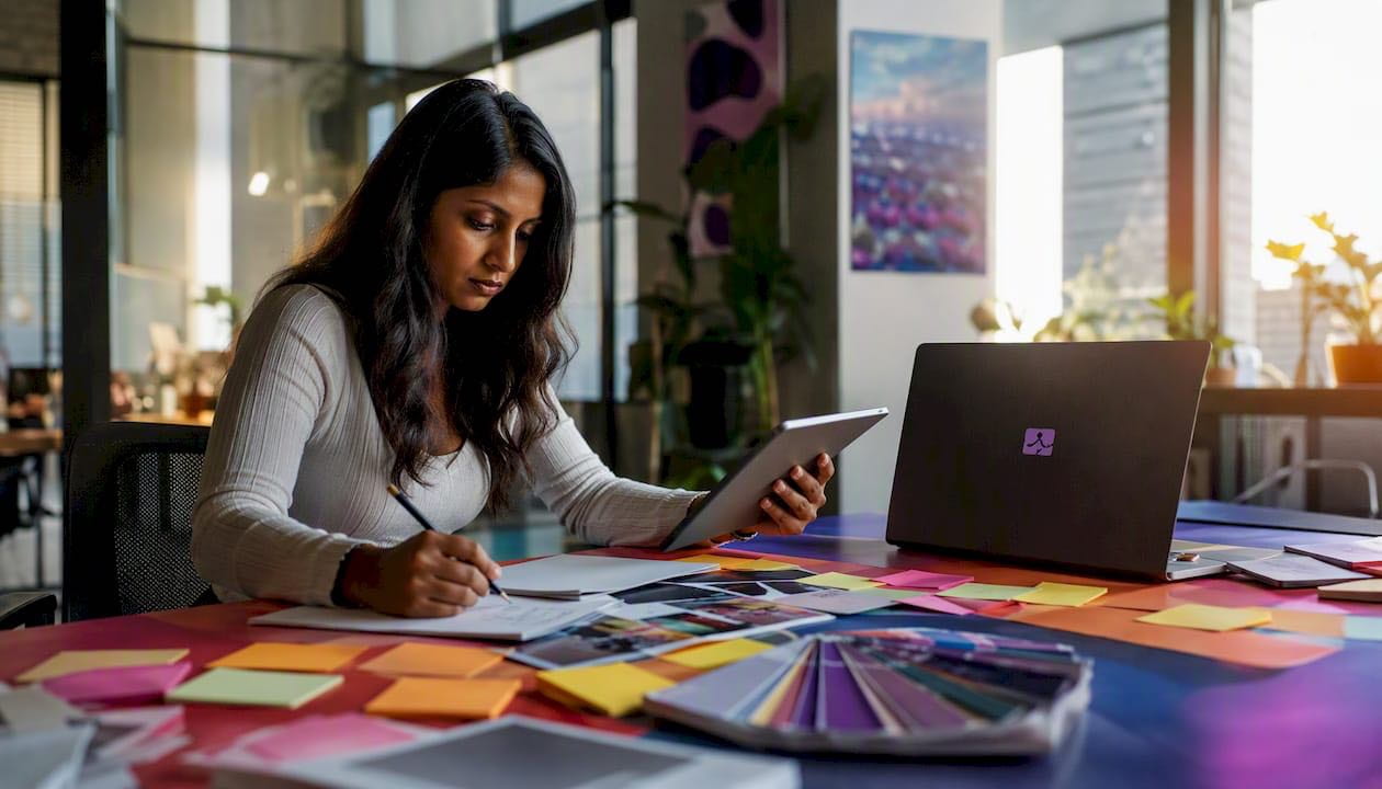 Designer reviewing design system materials at desk