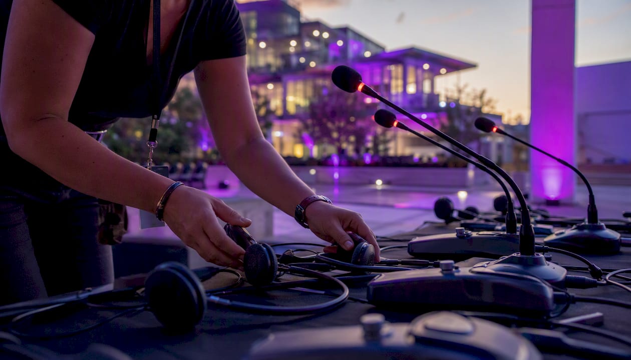 Community event setup with interpretation gear