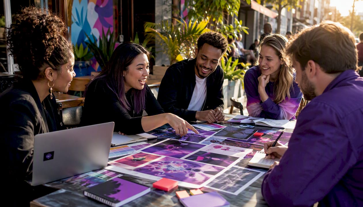 Team collaborating over brand guides