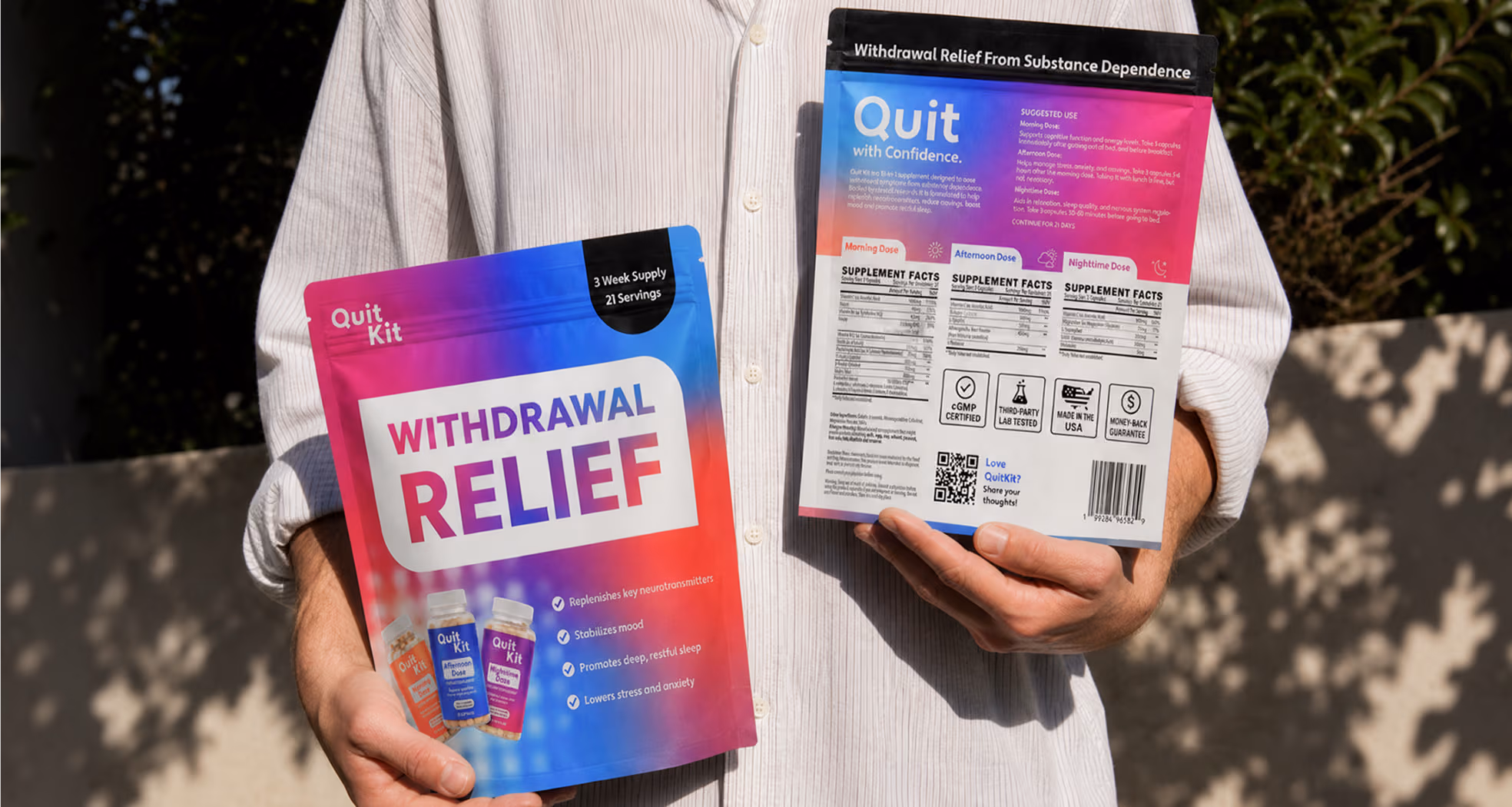 Quit Kit is a 21-day recovery system built around three supplement blends designed to support people tapering off kratom, 7OH, and opioids. We were brought on to design the packaging for all three bottles, giving the brand a system that feels credible on a pharmacy shelf and human in someone's hands.