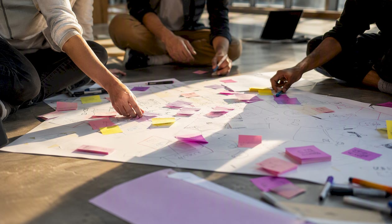 Hands from diverse participants arranging sticky notes in workshop
