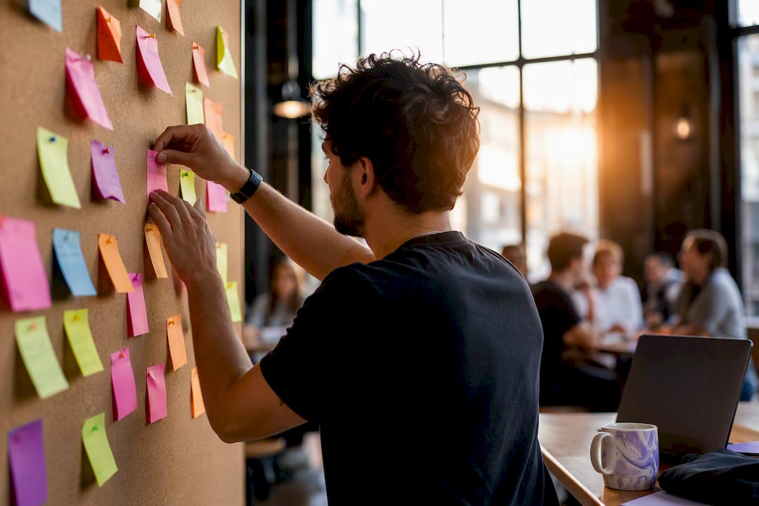 Hands organizing notes on glass wall