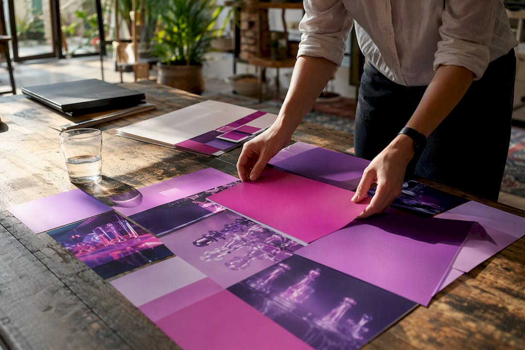 Hands aligning design sheets for pitch deck