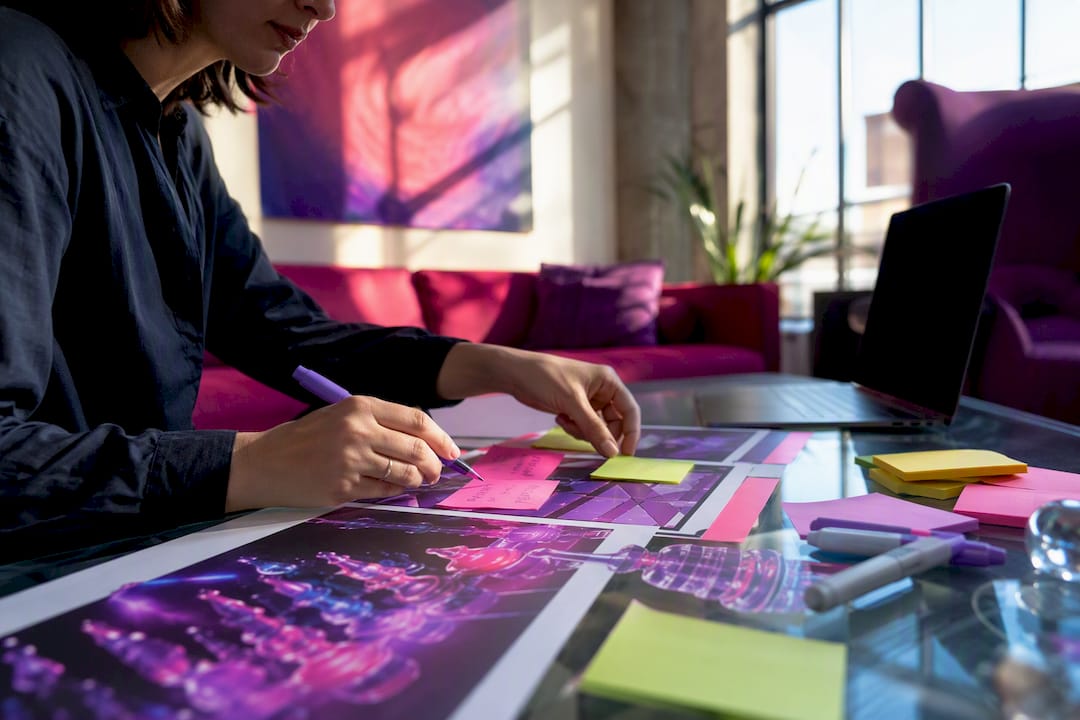 Translator hands editing multilingual design mockups