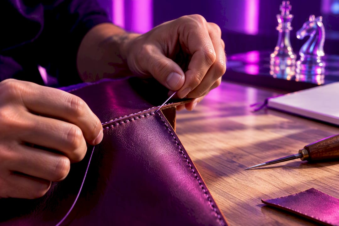 Hands stitching an imperfect leather seam