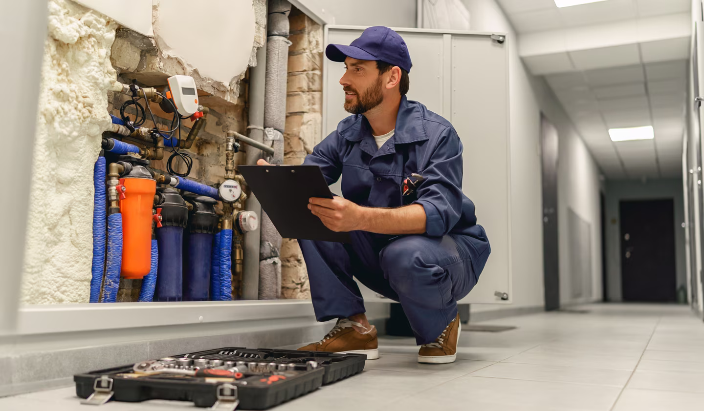 Male plumber diagnosing water supply pipes in residential home, taking notes on clipboard before repairs.