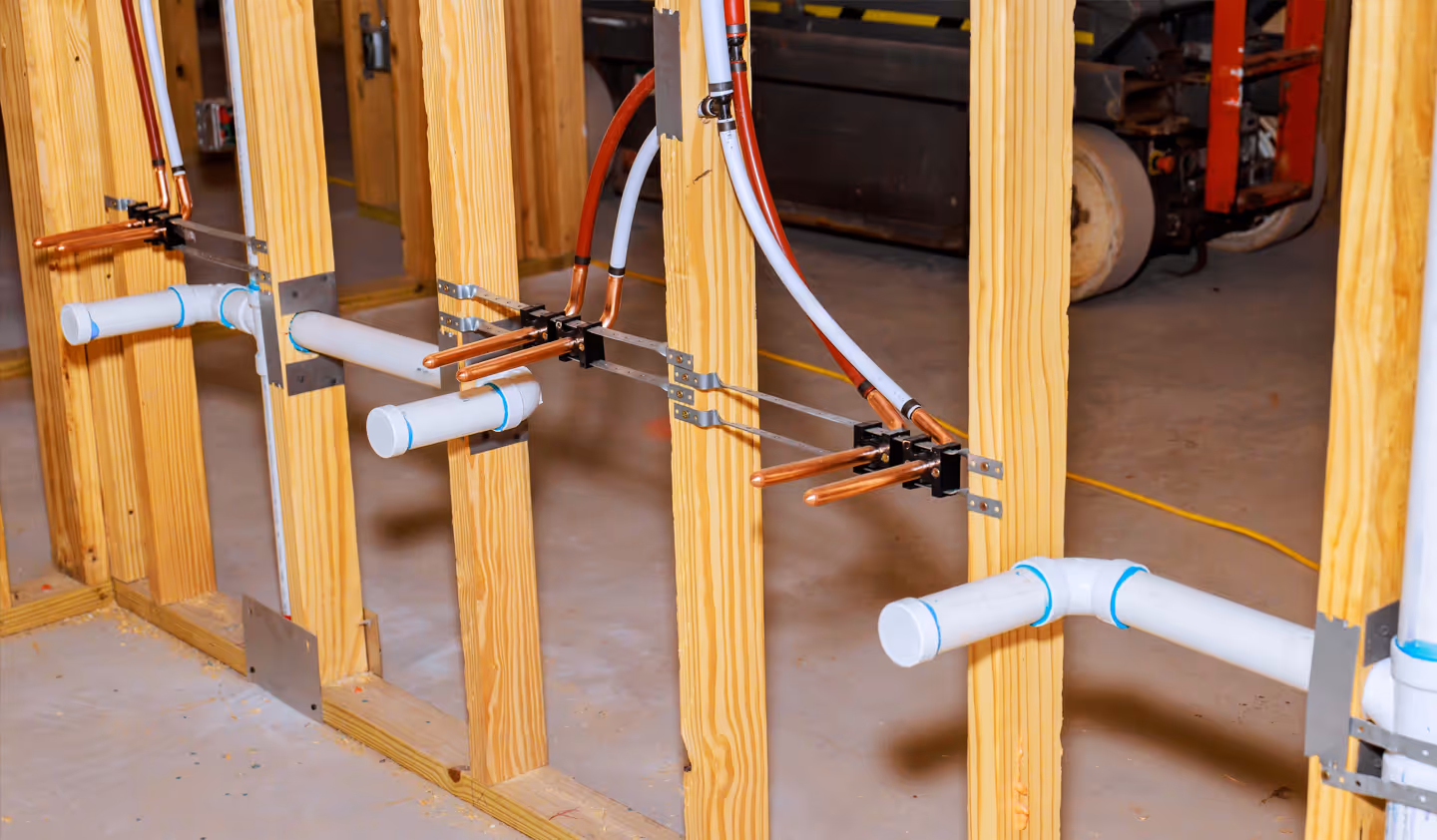 Copper and PVC pipes being installed along a wall during plumbing construction.