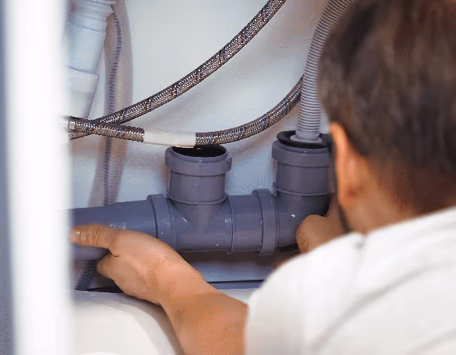 Close-up of a plumber repairing plumbing pipes under a kitchen sink.
