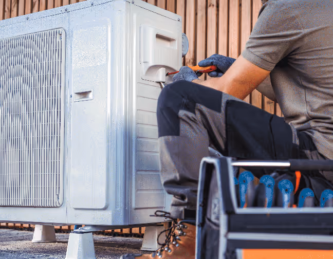 HVAC technician servicing an outdoor air conditioning unit, performing maintenance and ensuring optimal performance.