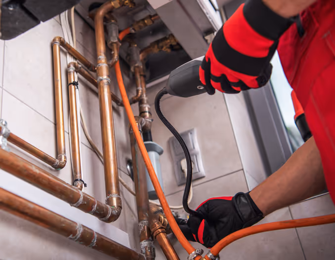 HVAC technician using a natural gas leak detector during scheduled maintenance of a residential heating system