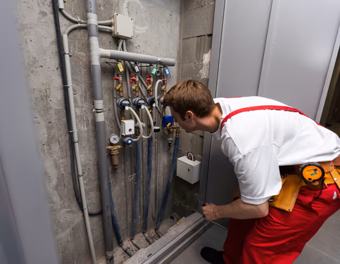 Male plumber using an adjustable wrench to fix a water meter during installation or maintenance