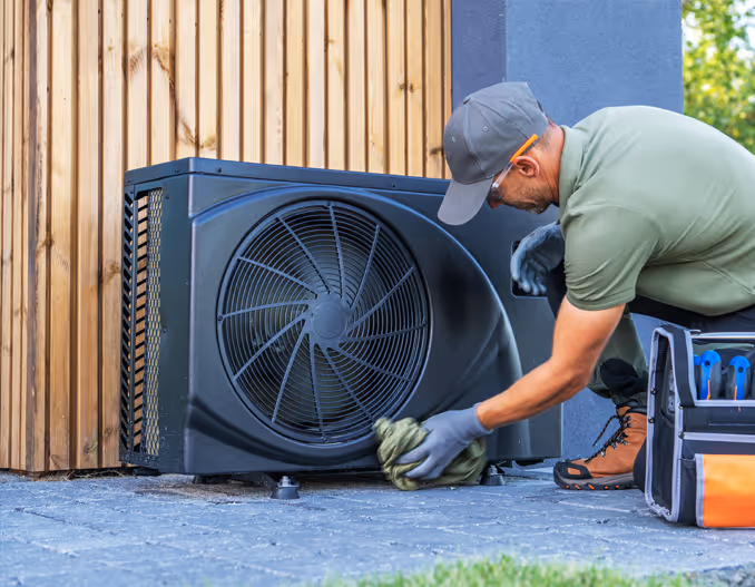 HVAC technician in work attire cleaning an outdoor air conditioning unit, ensuring optimal performance and maintenance