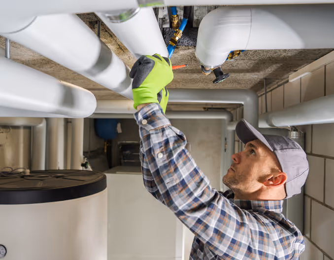 Plumber in work uniform using wrench, inspecting pipes.