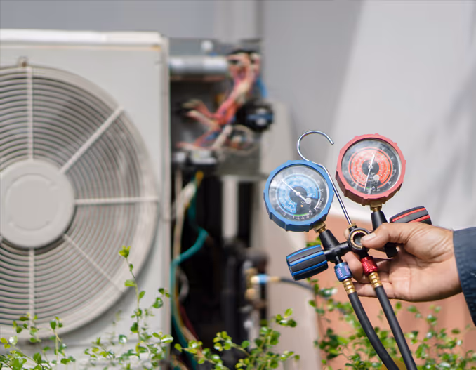HVAC technicians using digital meters to assess air conditioning system performance during a maintenance check.