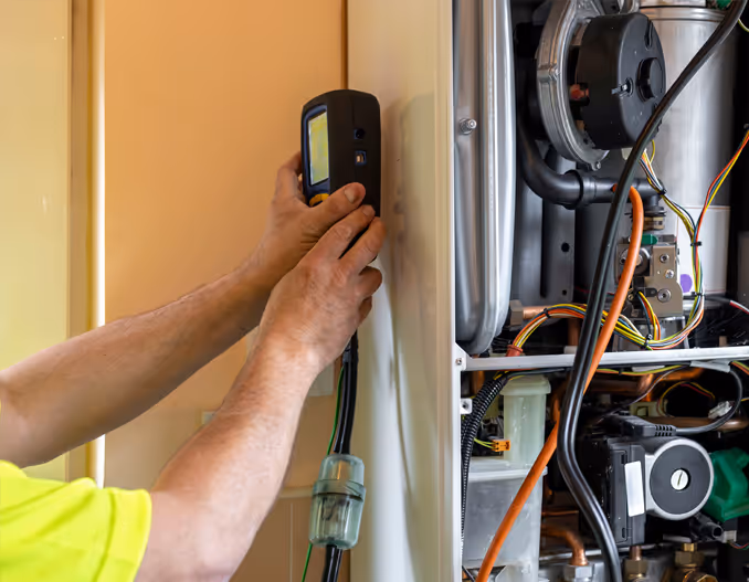 Gas service engineer holding digital flue gas analyser