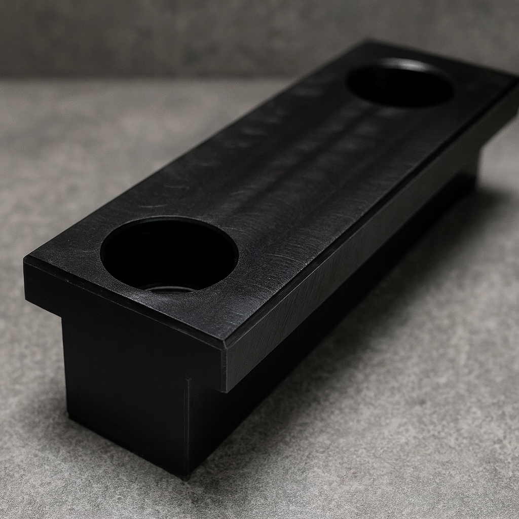 Black rectangular object with two circular holes on top, placed on a gray textured surface.