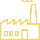 Yellow line art of a factory building with a zigzag roof and a tall chimney emitting smoke.