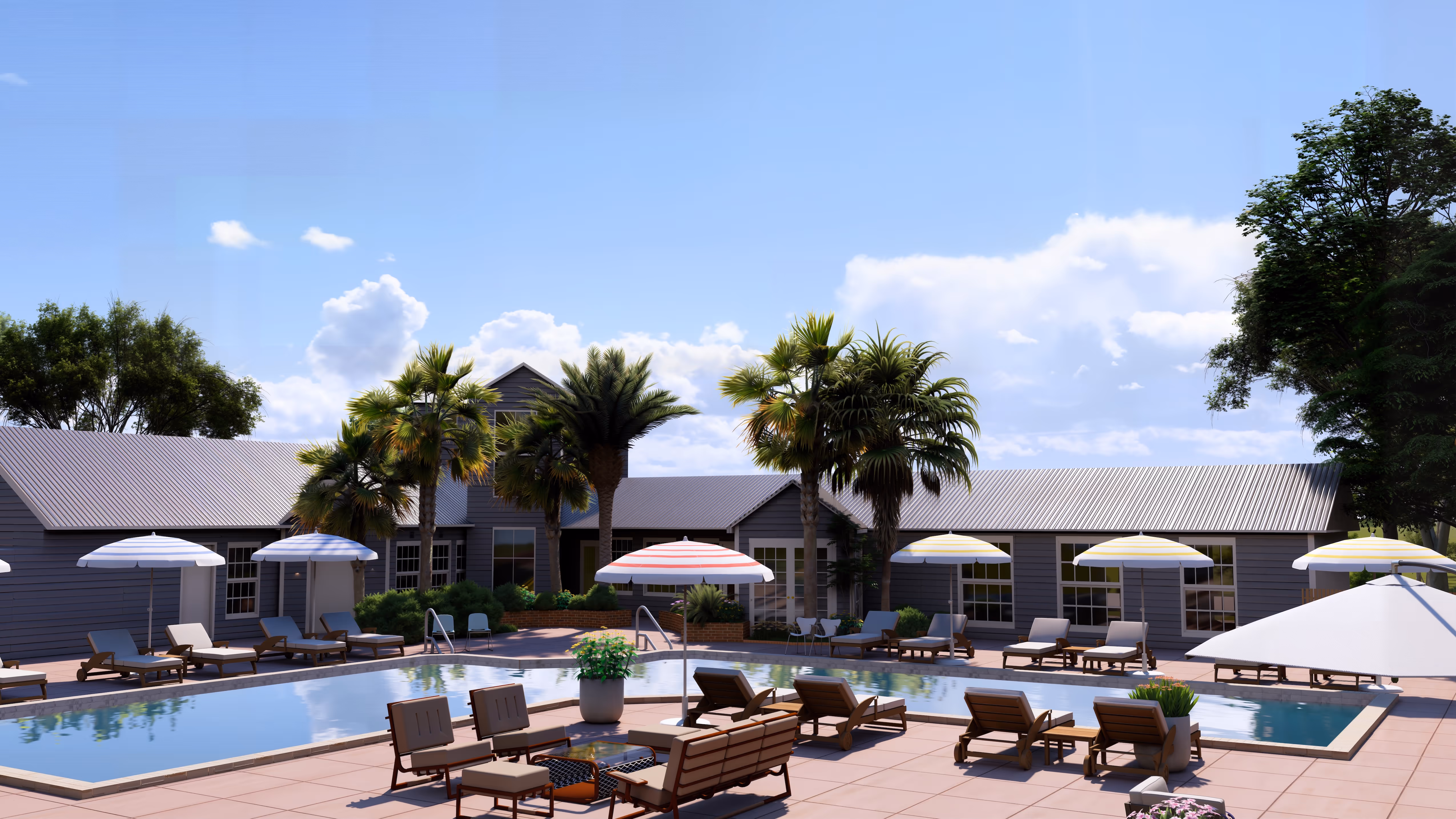 An aerial rendering of a large community pool deck with multiple lounge chairs, sitting areas, and umbrellas, surrounded by buildings and palm trees.