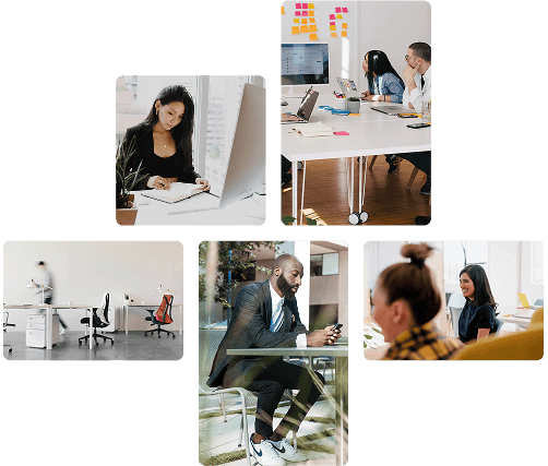 Collage de cinco imágenes mostrando personas colaborando y trabajando en oficinas modernas.