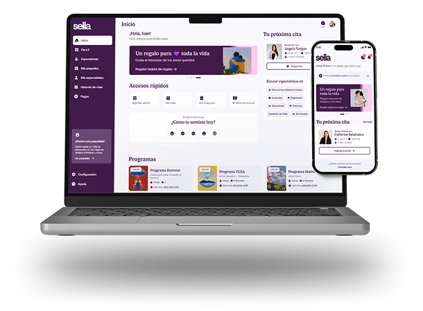 Interfaz de la aplicación Selia mostrada en computadora portátil y teléfono móvil, con menús para inicio, especialistas, historial, pagos y programas de bienestar.