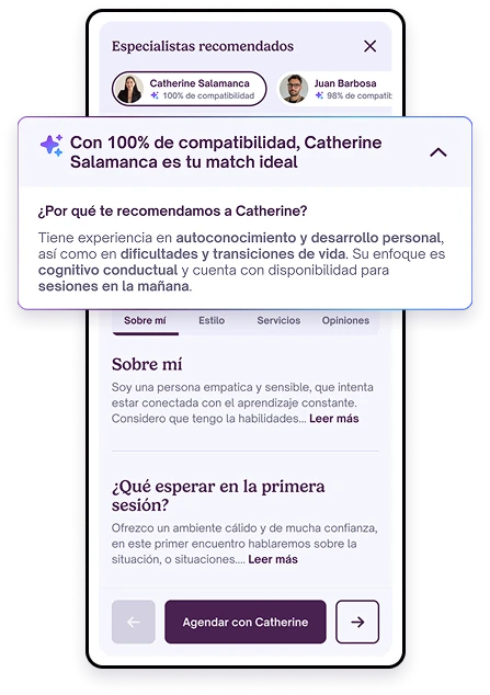 Mockup of Selia's matching results and specialist profile detail.