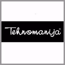 White cursive text 'Tehnomanija' on a black rectangular background.