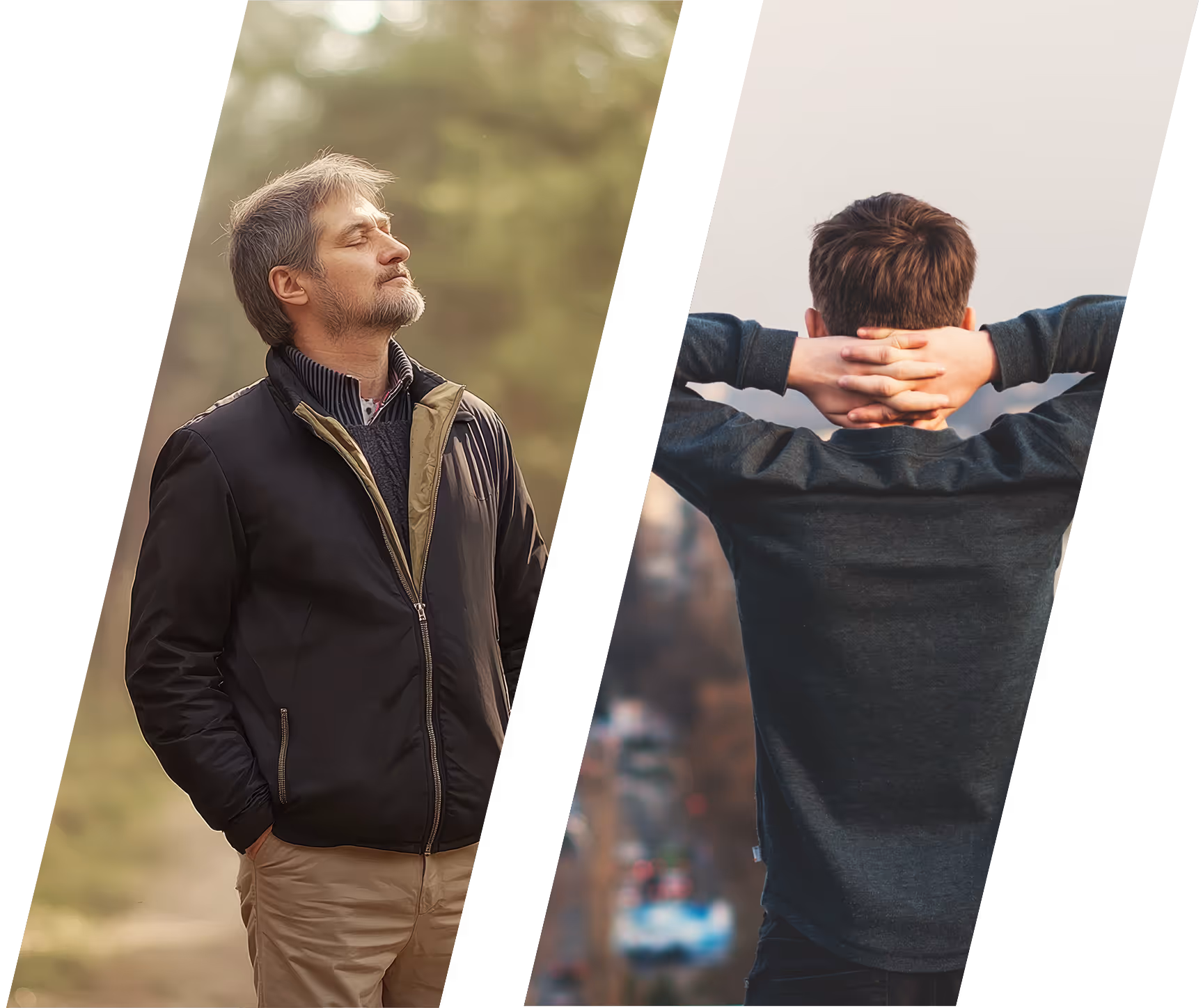a man from the back with his hands behind his head and another staring up