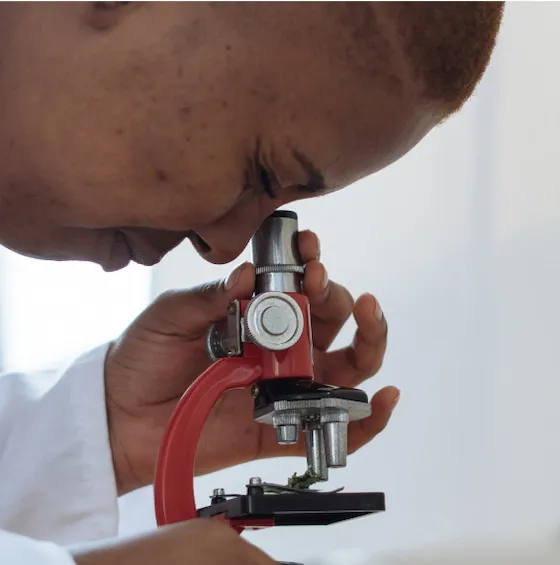 A woman looks into a microscope