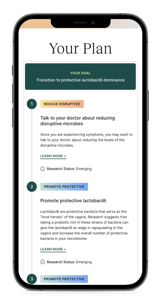 A screenshot of an Evvy Vaginal Health Test Plan with clear next steps