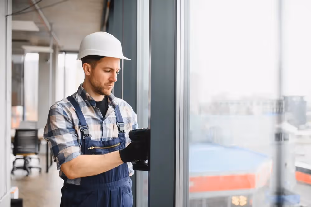 Professional builder installing windows in a building