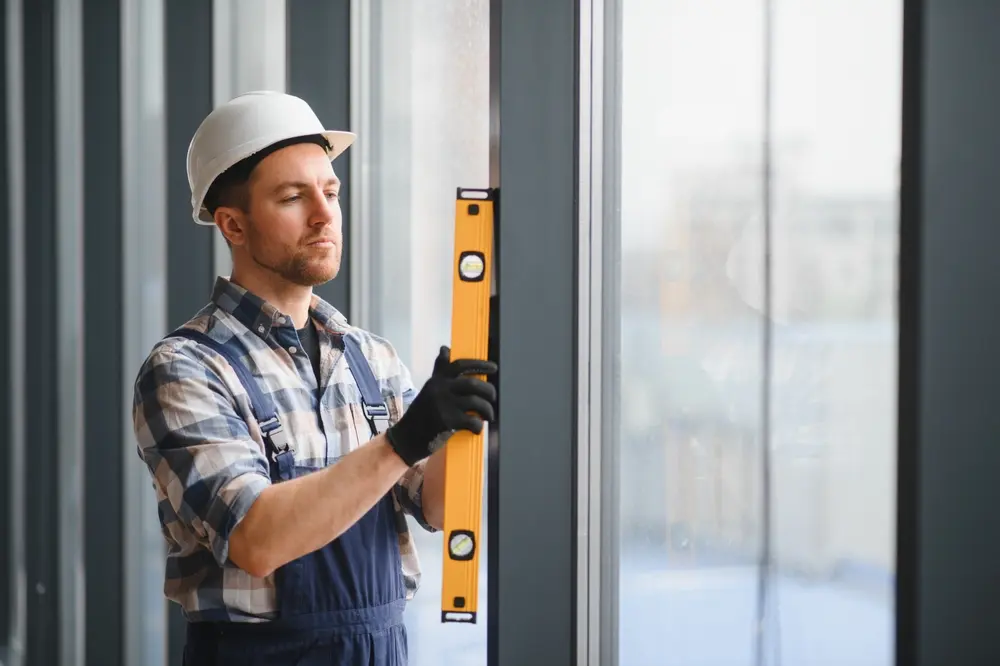 Worker using spirit level on window