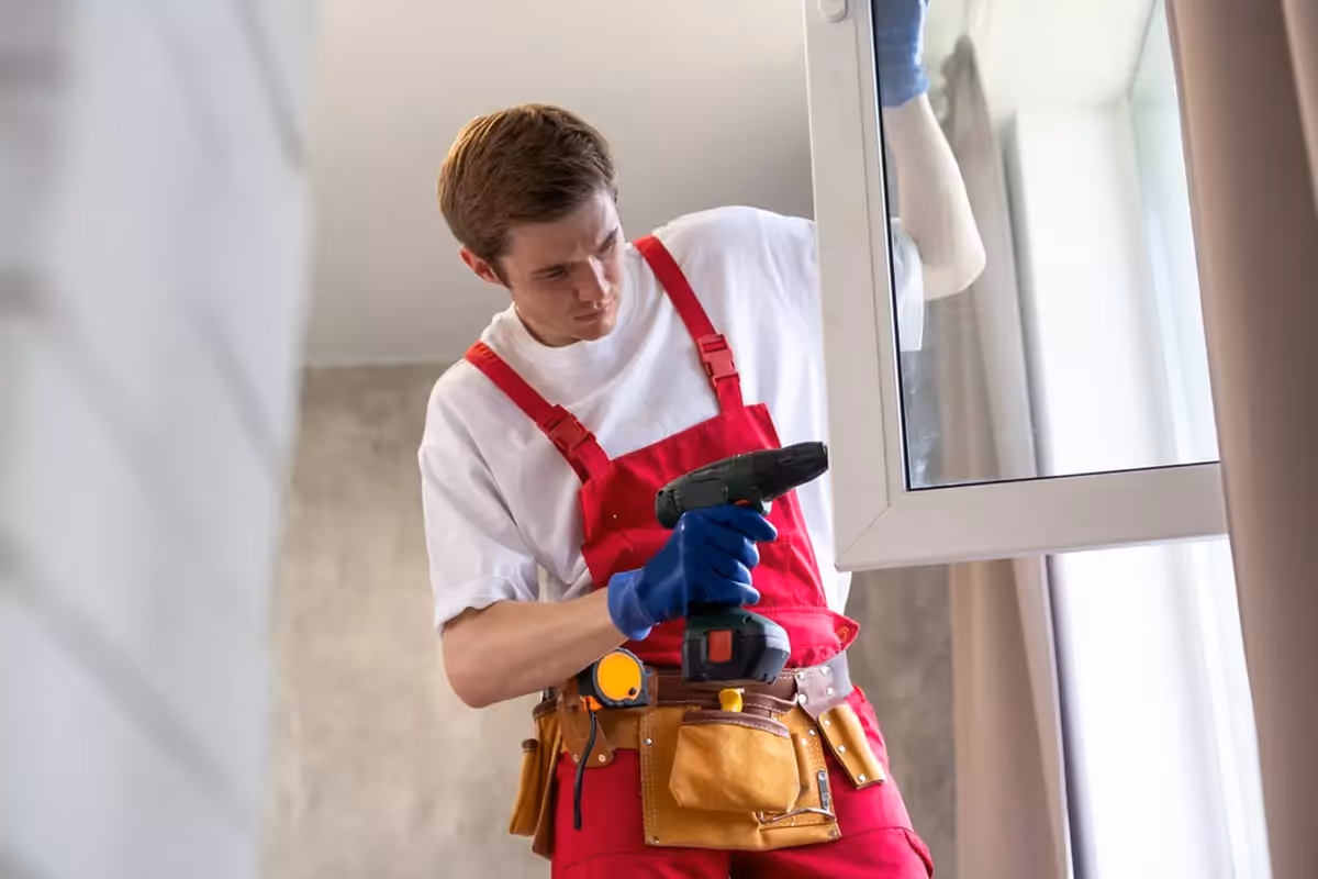 Worker installing a plastic window indoors