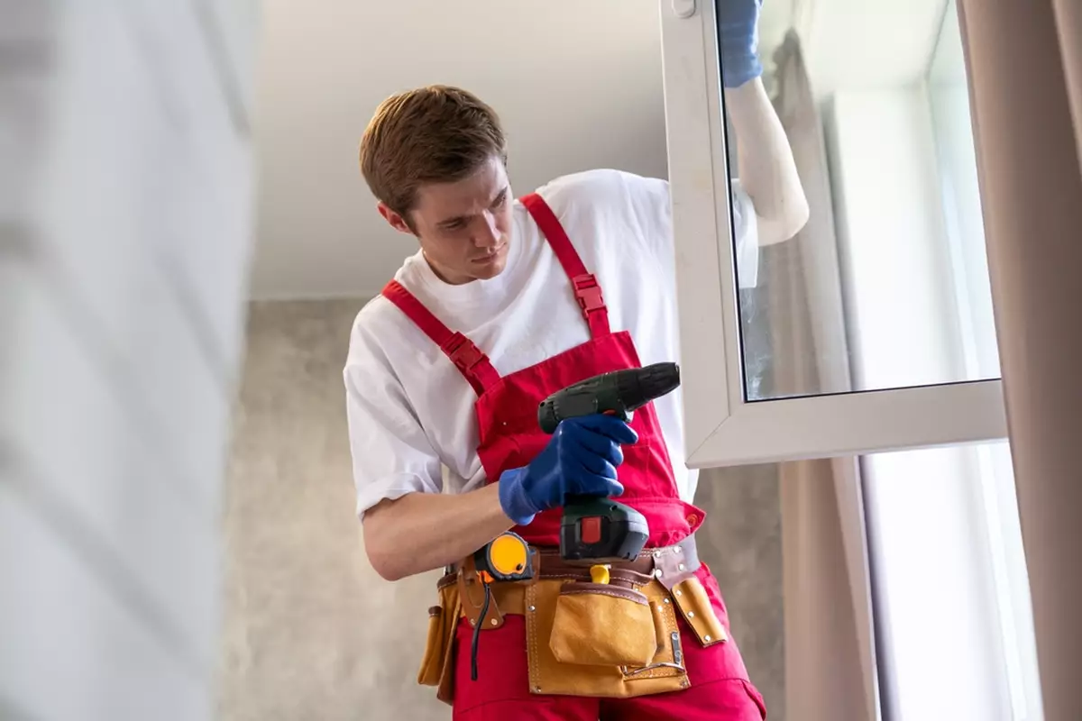 Worker installing a plastic window indoors