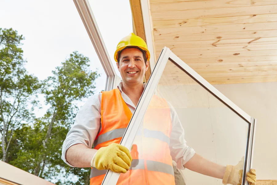 Window fitter working in woodhouse installation process