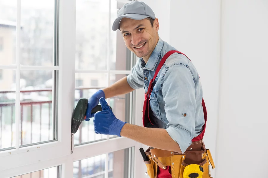 Construction worker installing window in house