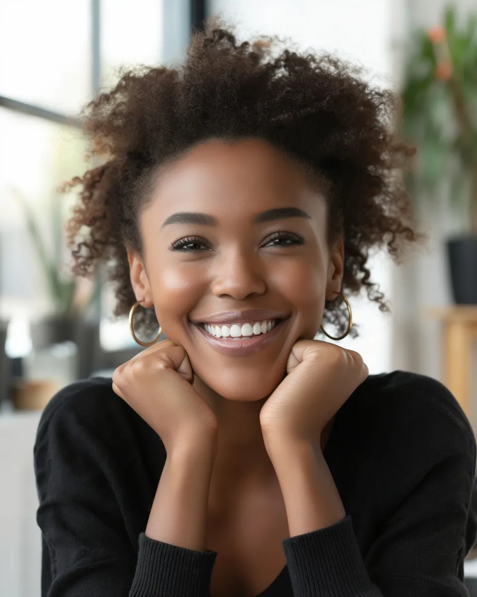 Portrait of a smiling woman with curly hair resting her chin on her hands, representing a speaker on Panelista.