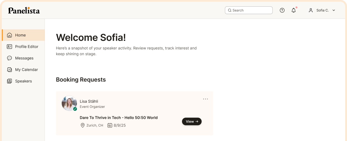 Mockup of the Panelista speaker dashboard displayed in a browser window with speaker requests and activity visible.